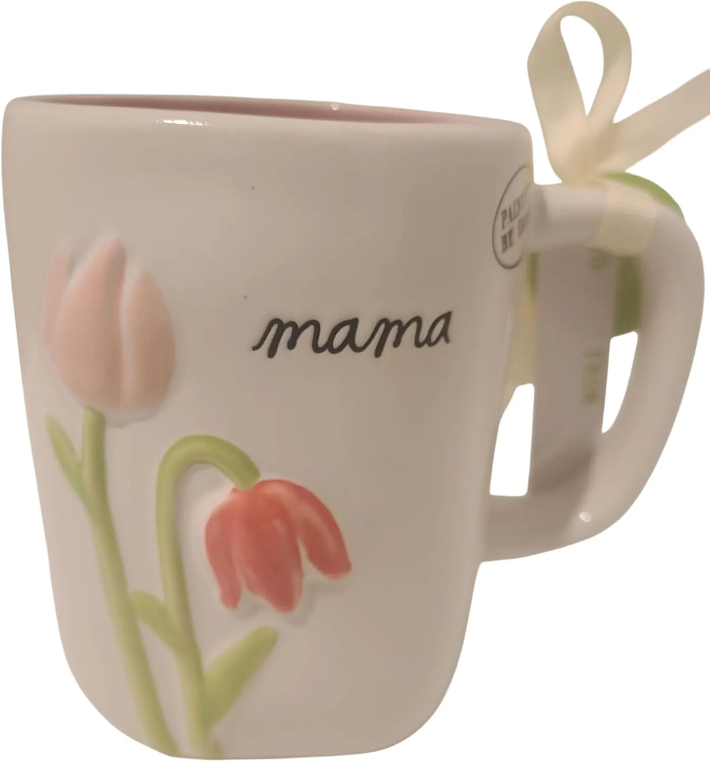 Rae Dunn Mama Ceramic Coffee Mug, with Embossed Flowers and Pink interior. Mother's day tea cup.