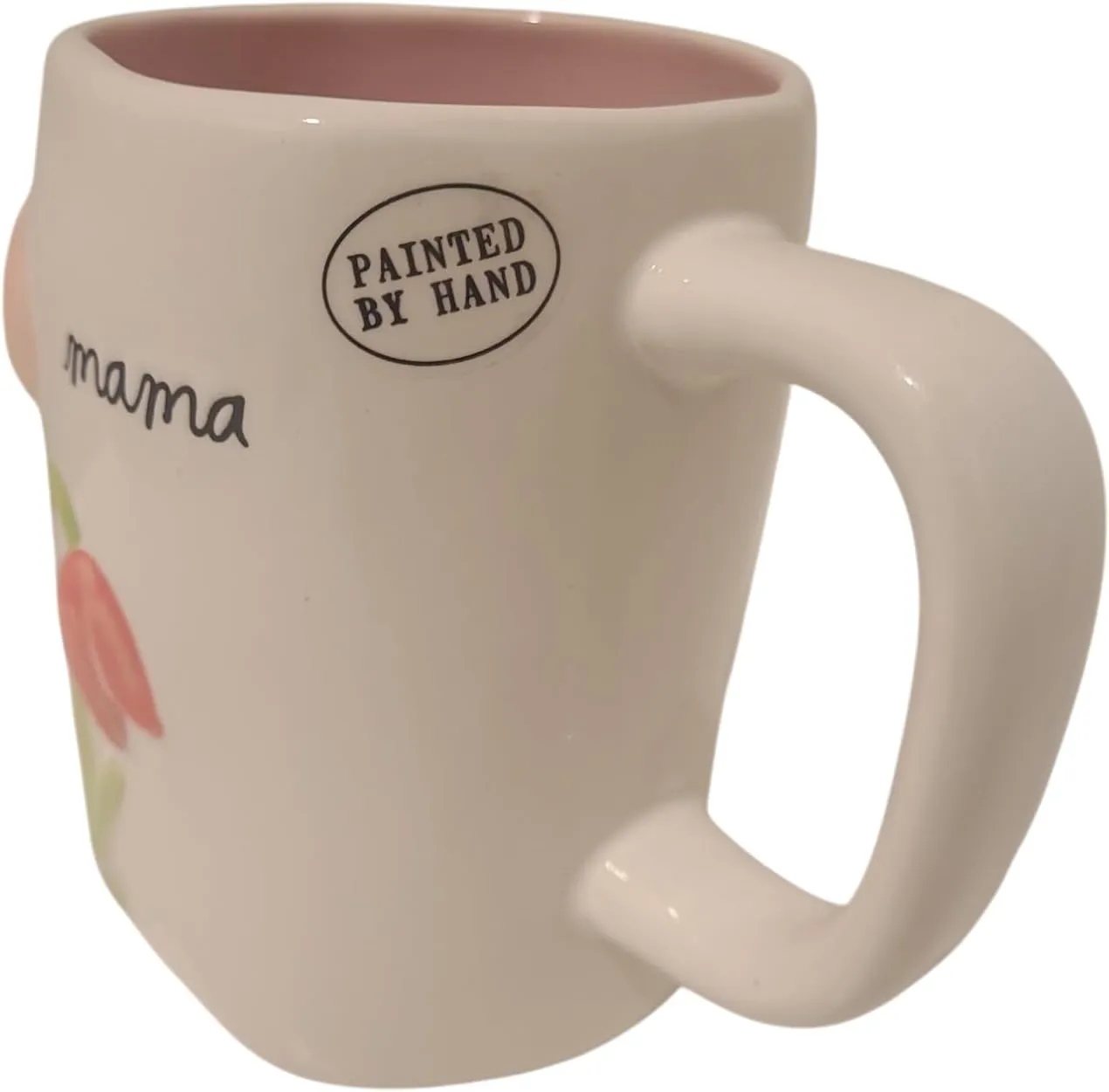 Rae Dunn Mama Ceramic Coffee Mug, with Embossed Flowers and Pink interior. Mother's day tea cup.