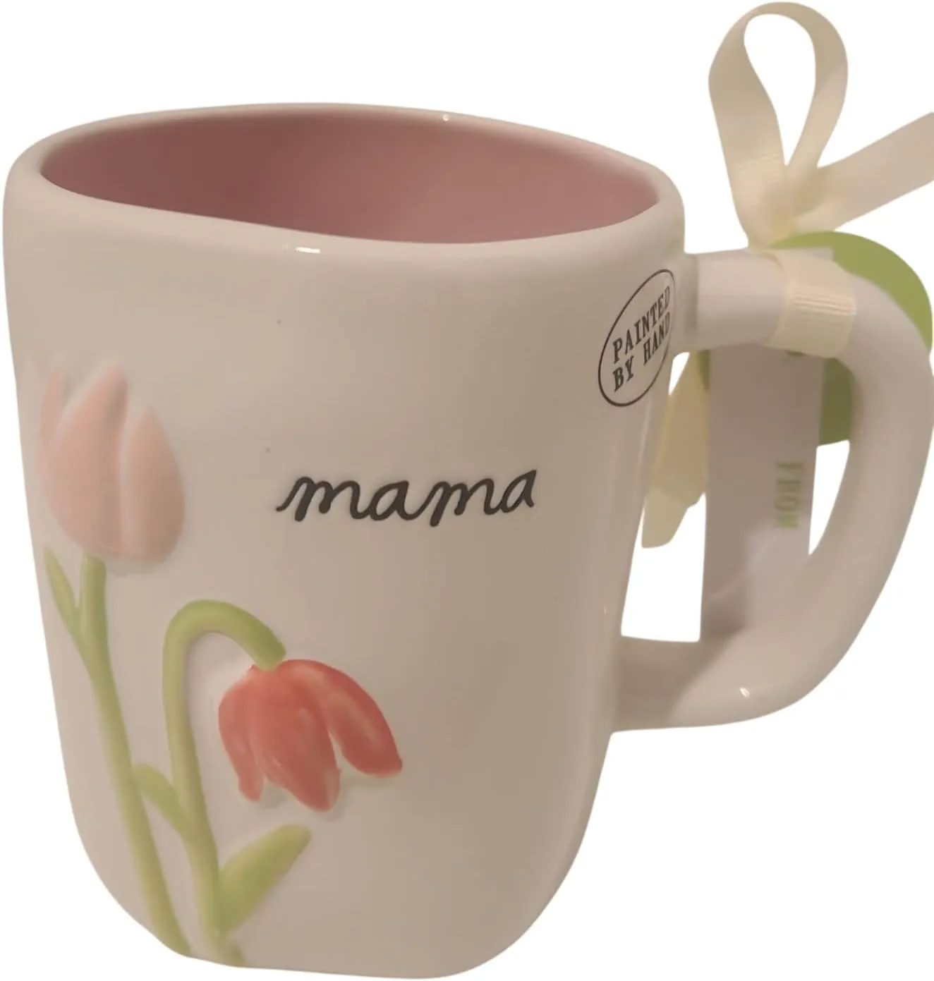 Rae Dunn Mama Ceramic Coffee Mug, with Embossed Flowers and Pink interior. Mother's day tea cup.