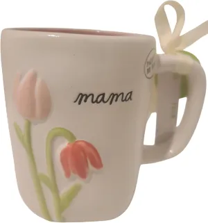 Rae Dunn Mama Ceramic Coffee Mug, with Embossed Flowers and Pink interior. Mother's day tea cup.