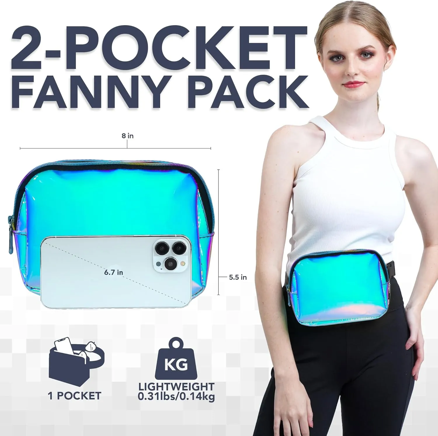 Rave Iridescent Light Blue Crossbody Belt Bag for Women – Stylish Fanny Pack, Functional and Fashion Waist Packs for Travel, Festivals, and Everyday Use