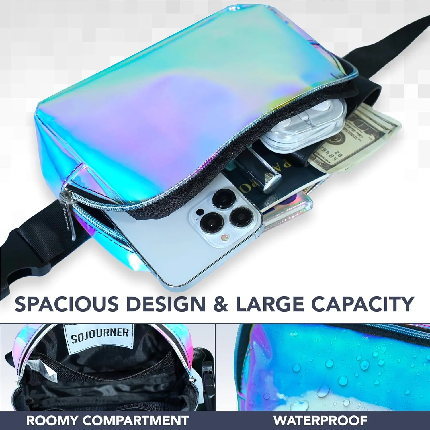 Rave Iridescent Light Blue Crossbody Belt Bag for Women – Stylish Fanny Pack, Functional and Fashion Waist Packs for Travel, Festivals, and Everyday Use
