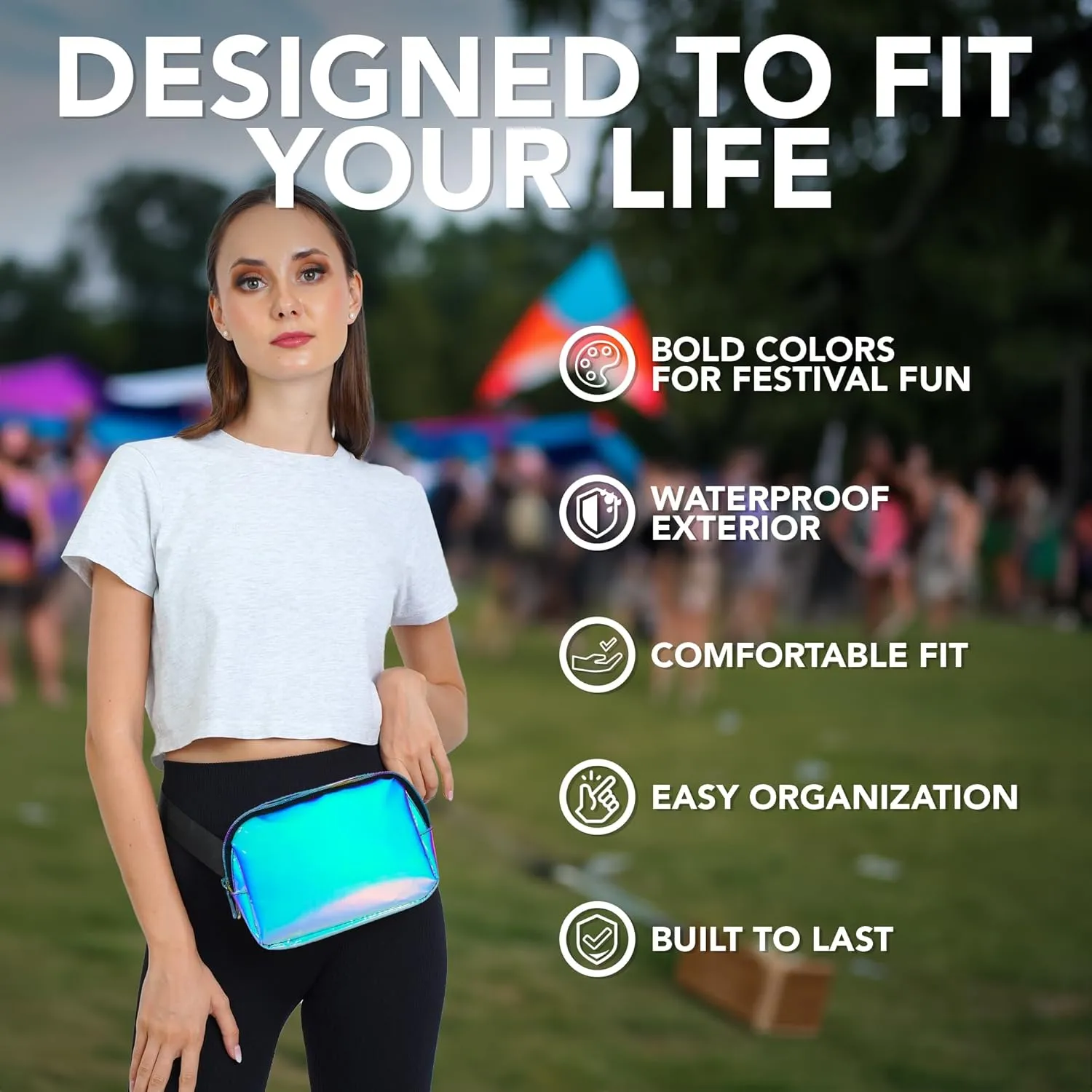 Rave Iridescent Light Blue Crossbody Belt Bag for Women – Stylish Fanny Pack, Functional and Fashion Waist Packs for Travel, Festivals, and Everyday Use