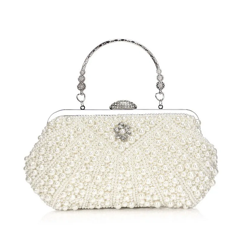 Rhinestone Decorated Top Handle Pearl Clutch Bag in Beige
