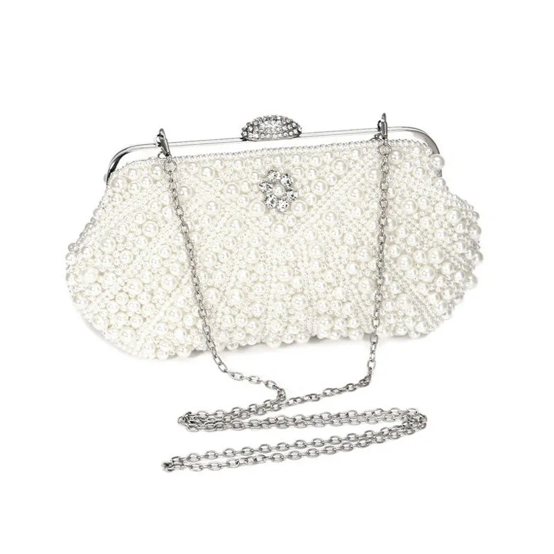 Rhinestone Decorated Top Handle Pearl Clutch Bag in Beige