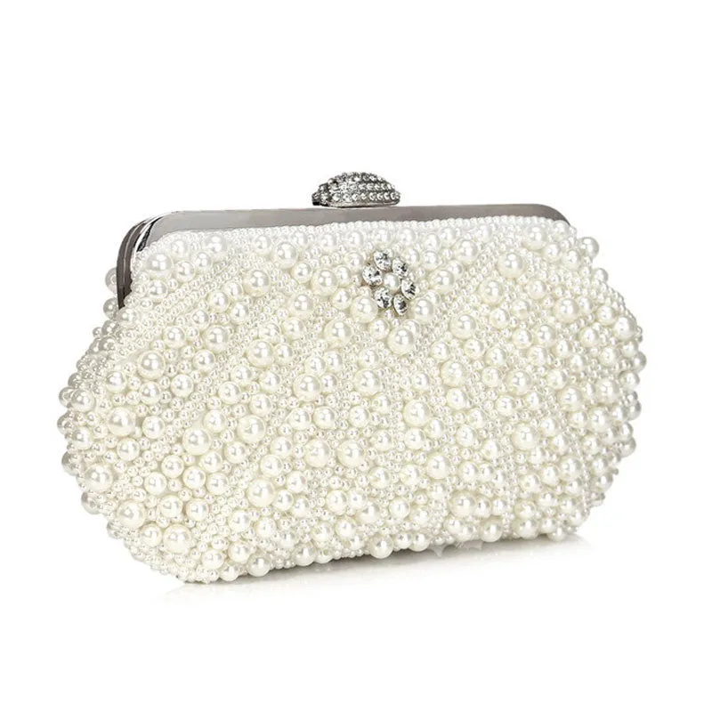 Rhinestone Decorated Top Handle Pearl Clutch Bag in Beige