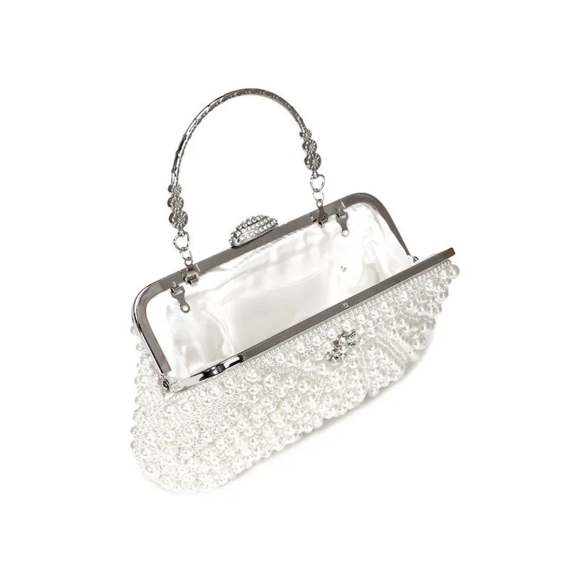 Rhinestone Decorated Top Handle Pearl Clutch Bag in Beige