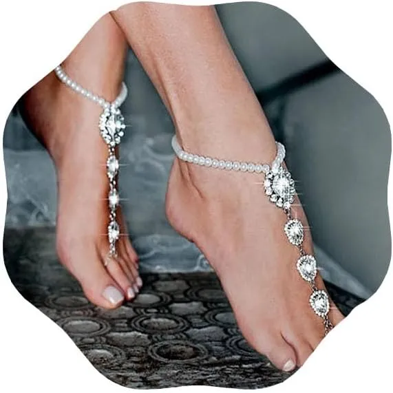 Rhinestone Pearl Barefoot Sandals Barefoot Anklet Sandals Crystal Toe Ankle Bracelet Boho Barefoot Sandals Anklet Beach Wedding Ring Foot Chain Accessories for Women and Teen Girls