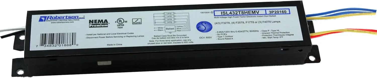 Robertson 3P20160 Fluorescent eBallast for 3/4 F32T8 Linear Lamps, Instant Start, 120-277Vac, 50-60Hz, Normal Ballast Factor, HPF, Model ISL432T8HEMV