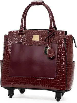 Rolling Laptop Bag for Women, 17.3” Crocodile Embossed Leather Briefcase with 4 Spinner Wheels – Designer Travel Work Bag, Burgundy Trolley Office Bag with Wheels