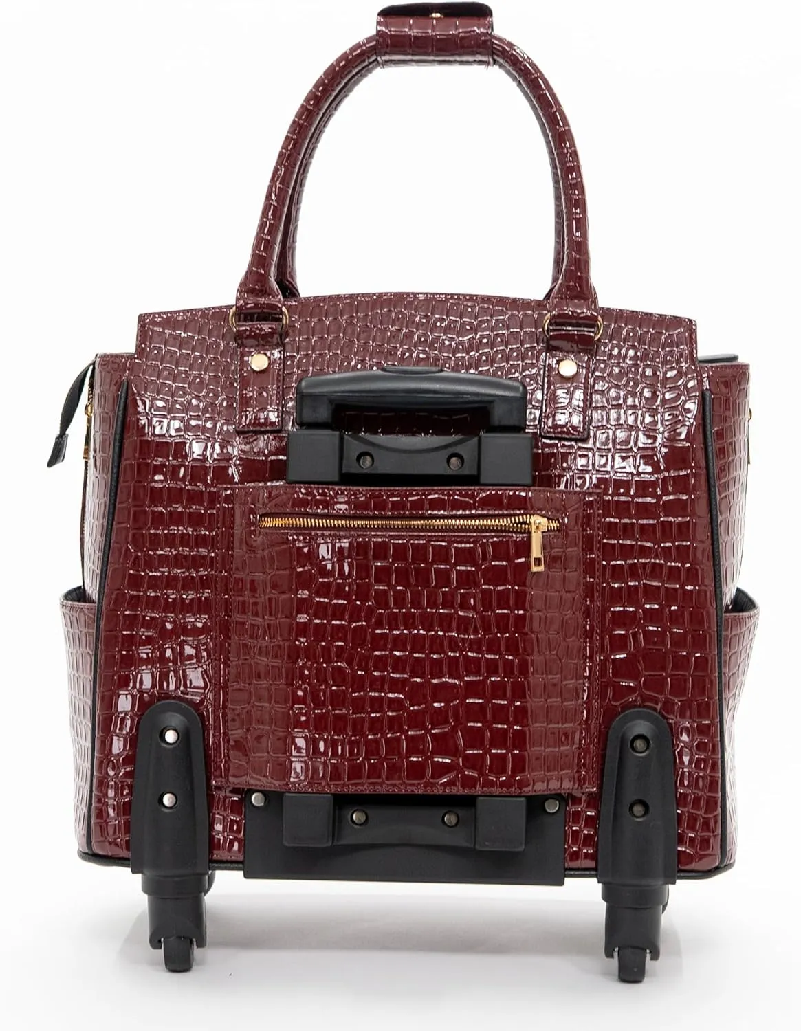 Rolling Laptop Bag for Women, 17.3” Crocodile Embossed Leather Briefcase with 4 Spinner Wheels – Designer Travel Work Bag, Burgundy Trolley Office Bag with Wheels