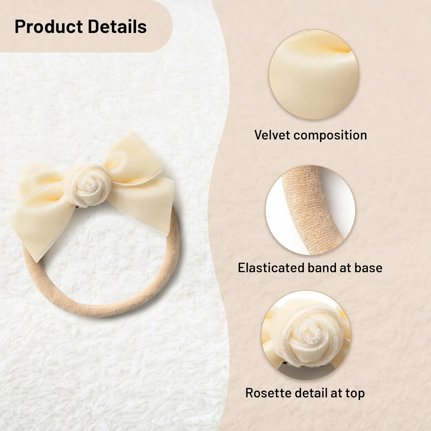 Rosette Velvet Baby Band - Cream | Soft Plush Velvet Headband with Delicate Rosette Detail | Comfortable Elasticated Fit for Special Occasions & Everyday Wear | Elegant Accessory for Your Little One