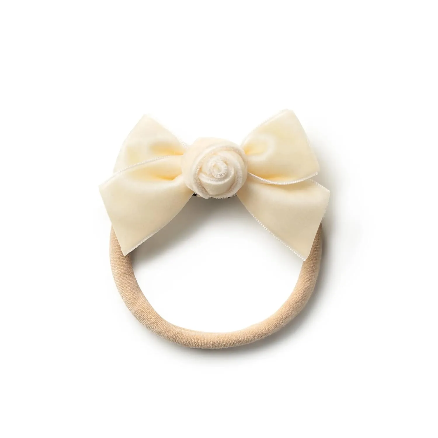 Rosette Velvet Baby Band - Cream | Soft Plush Velvet Headband with Delicate Rosette Detail | Comfortable Elasticated Fit for Special Occasions & Everyday Wear | Elegant Accessory for Your Little One