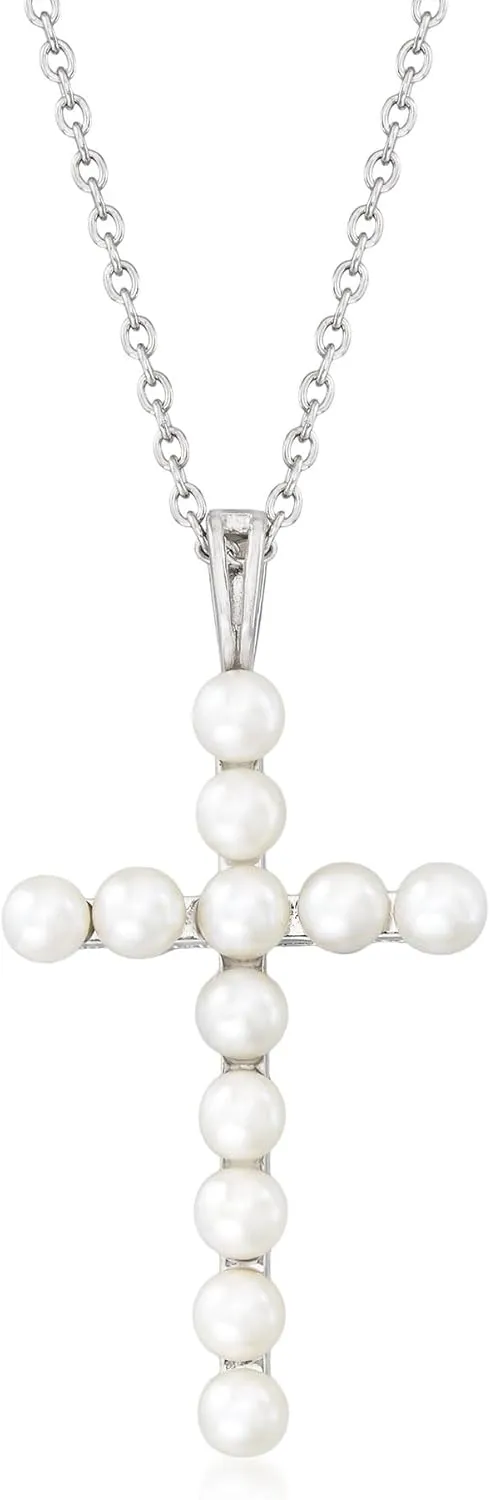 Ross-Simons 3.5-4mm Cultured Pearl Cross Pendant Necklace in Sterling Silver. 18 inches