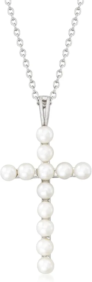 Ross-Simons 3.5-4mm Cultured Pearl Cross Pendant Necklace in Sterling Silver. 18 inches