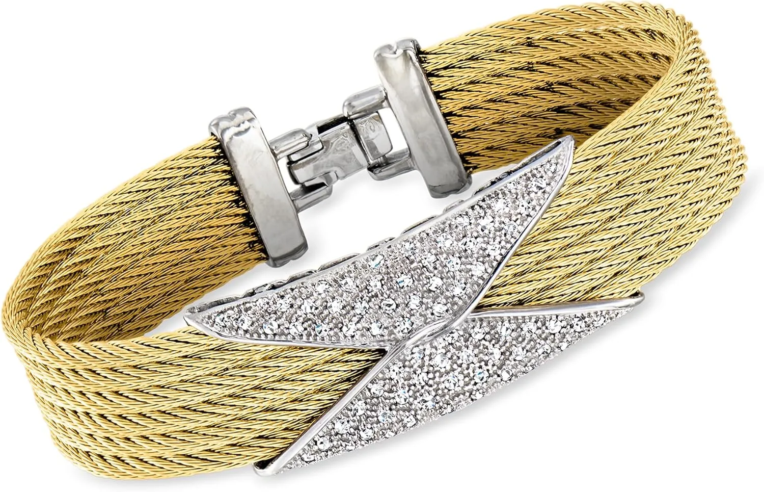 Ross-Simons Alor .45 ct. t.w. Diamond and Yellow Stainless Steel Cable Hourglass Bracelet With 18kt White Gold. 7 inches