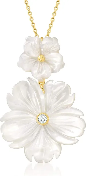 Ross-Simons Mother-Of-Pearl and .10 Carat White Topaz Flower Pendant Necklace in 18kt Gold Over Sterling. 16 inches