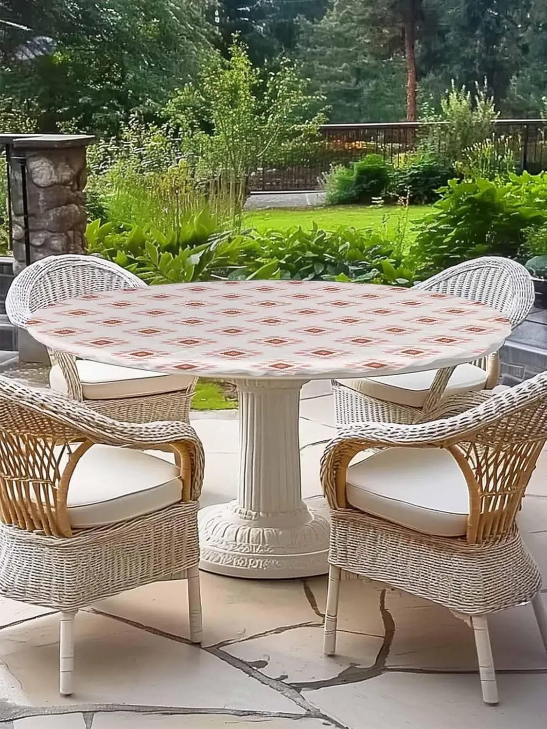 Round Fitted Tablecloth Abstract Bohemian Ethnic Totem Waterproof Table Cover for Indoor Outdoor Holiday Party Pink Aztec Tribal Pattern Elastic Edged Tablecloths Fit Up 36"-44" Tables