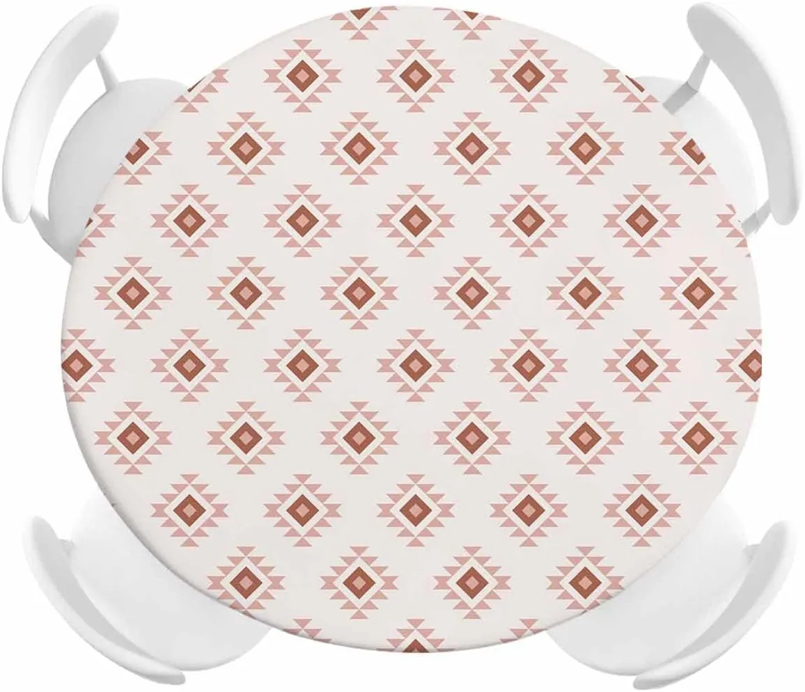 Round Fitted Tablecloth Abstract Bohemian Ethnic Totem Waterproof Table Cover for Indoor Outdoor Holiday Party Pink Aztec Tribal Pattern Elastic Edged Tablecloths Fit Up 36"-44" Tables