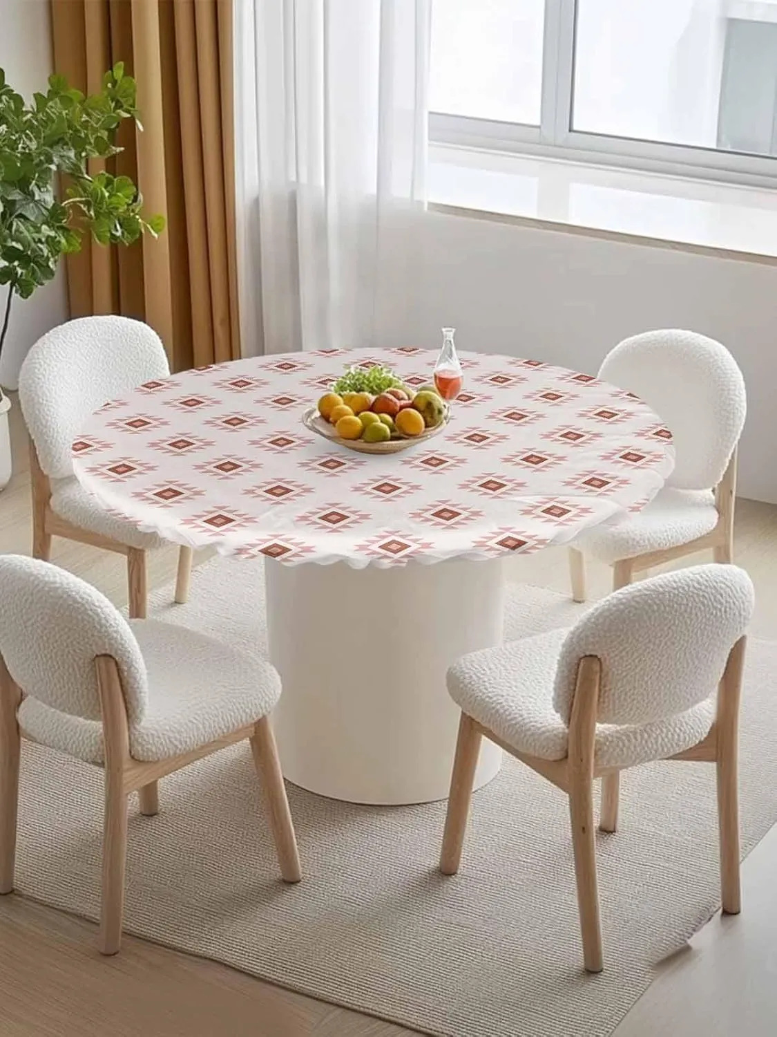 Round Fitted Tablecloth Abstract Bohemian Ethnic Totem Waterproof Table Cover for Indoor Outdoor Holiday Party Pink Aztec Tribal Pattern Elastic Edged Tablecloths Fit Up 36"-44" Tables