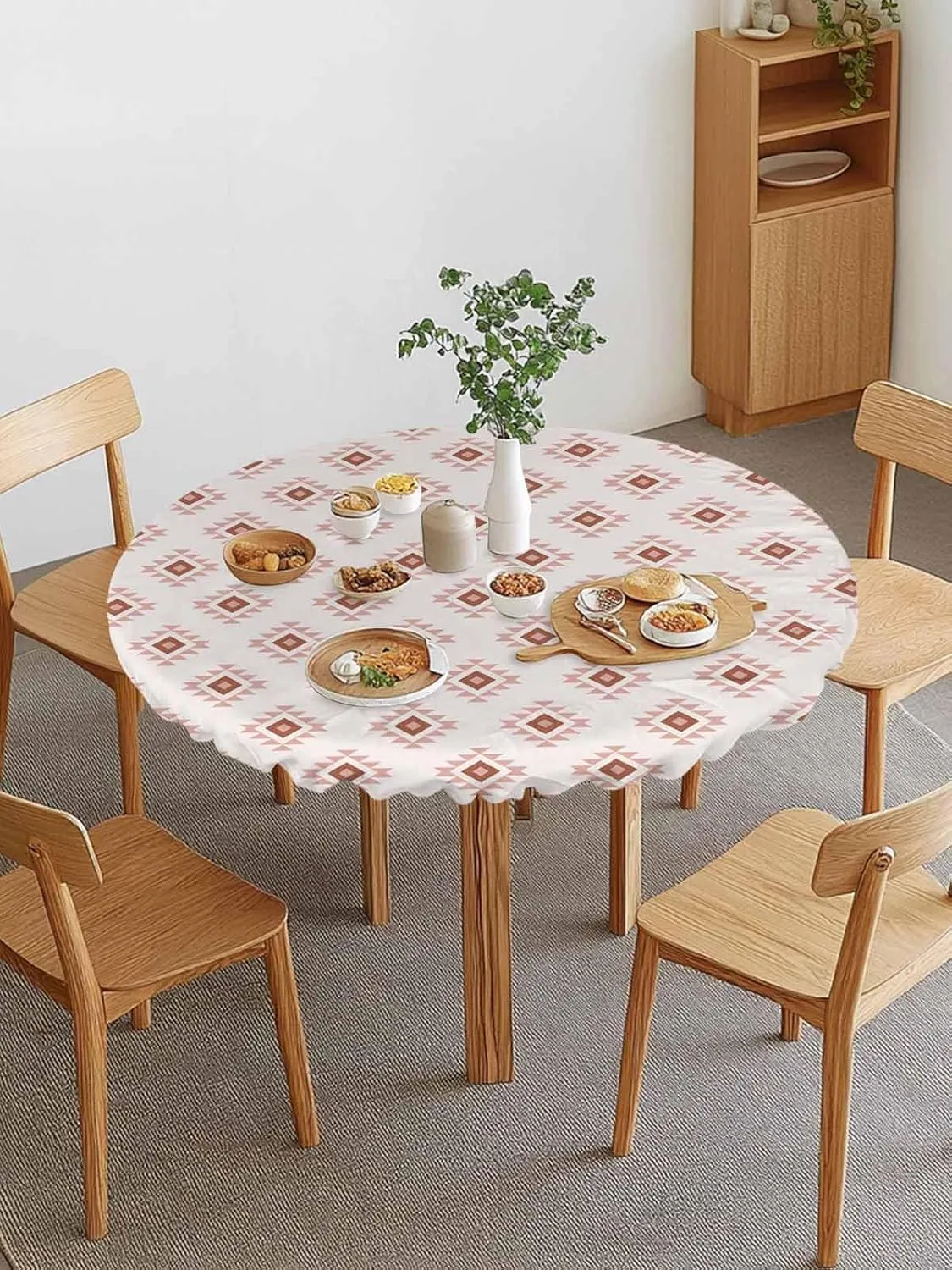 Round Fitted Tablecloth Abstract Bohemian Ethnic Totem Waterproof Table Cover for Indoor Outdoor Holiday Party Pink Aztec Tribal Pattern Elastic Edged Tablecloths Fit Up 36"-44" Tables