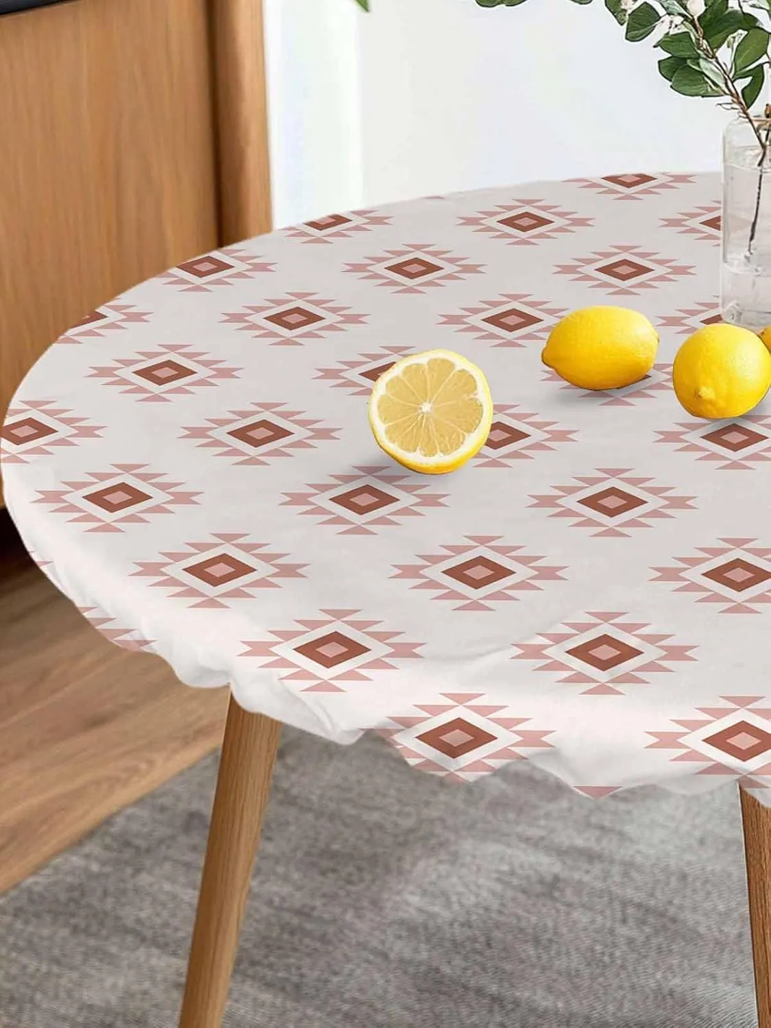 Round Fitted Tablecloth Abstract Bohemian Ethnic Totem Waterproof Table Cover for Indoor Outdoor Holiday Party Pink Aztec Tribal Pattern Elastic Edged Tablecloths Fit Up 36"-44" Tables