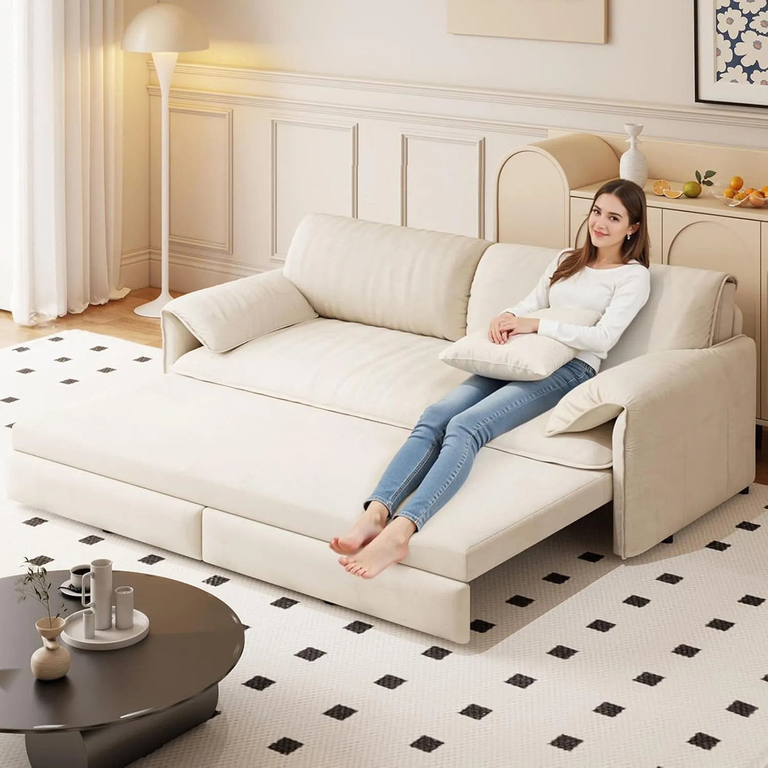 Rovibek 66" Sleeper Sofa Couch Bed Queen Size, 3 in 1 Futon Sofa Bed Queen Size, Convertible Sofa Bed Couch Pull Out Loveseat Sleeper Chaise for Living Room, Apartment, Small Space (White)