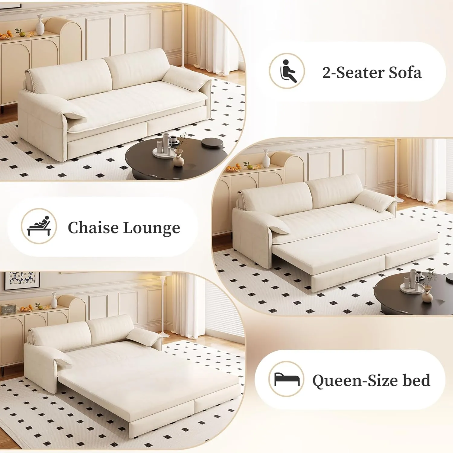 Rovibek 66" Sleeper Sofa Couch Bed Queen Size, 3 in 1 Futon Sofa Bed Queen Size, Convertible Sofa Bed Couch Pull Out Loveseat Sleeper Chaise for Living Room, Apartment, Small Space (White)