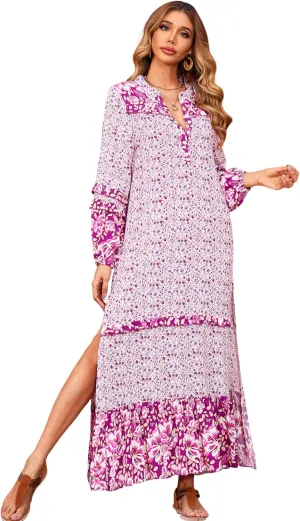 R.Vivimos Women's Long Sleeve Floral Print Bohemian Maxi Dresses with Slit