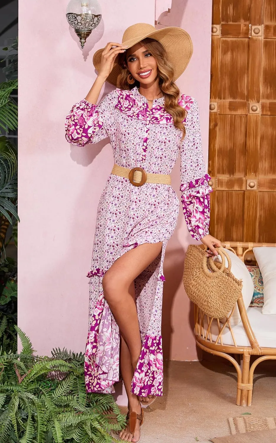 R.Vivimos Women's Long Sleeve Floral Print Bohemian Maxi Dresses with Slit