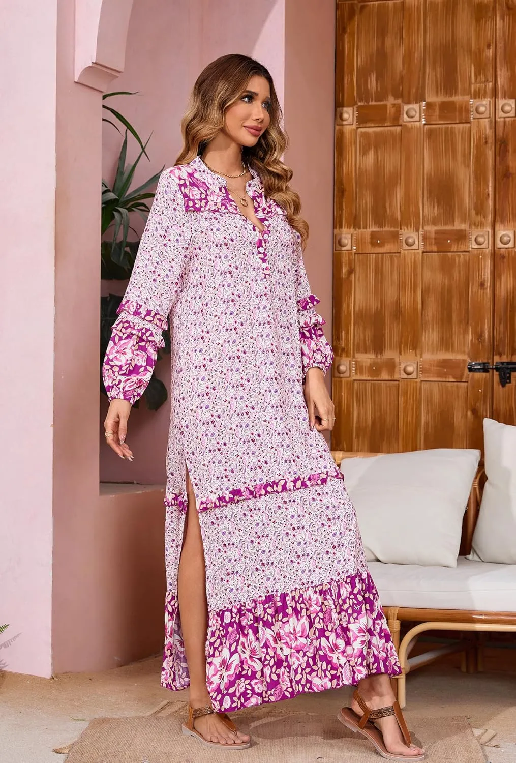 R.Vivimos Women's Long Sleeve Floral Print Bohemian Maxi Dresses with Slit