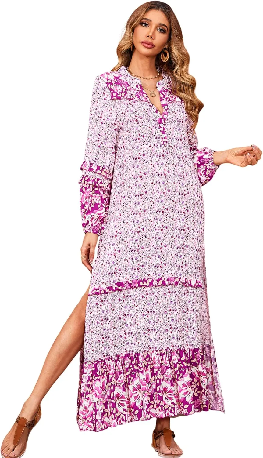 R.Vivimos Women's Long Sleeve Floral Print Bohemian Maxi Dresses with Slit