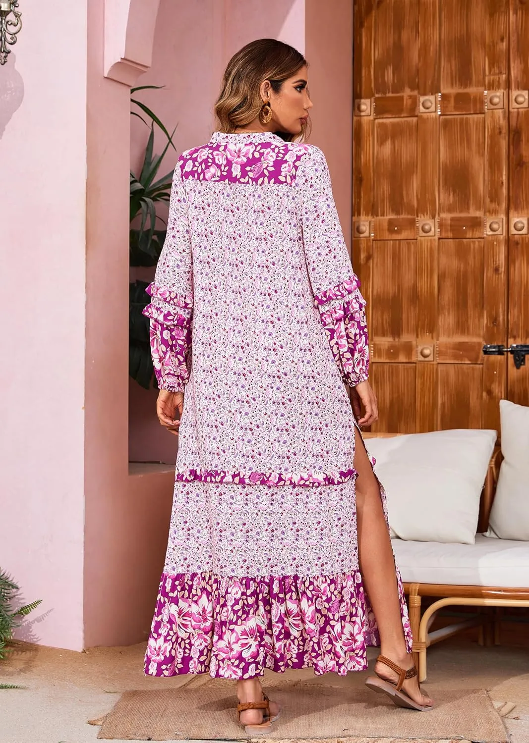 R.Vivimos Women's Long Sleeve Floral Print Bohemian Maxi Dresses with Slit