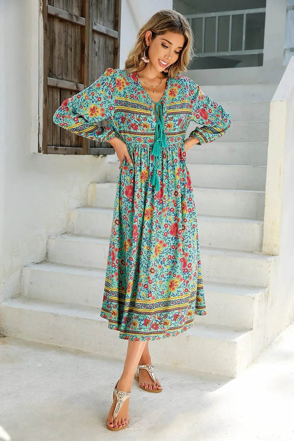 R.Vivimos Women's Long Sleeve Floral Print Retro V Neck Tassel Bohemian Midi Dresses