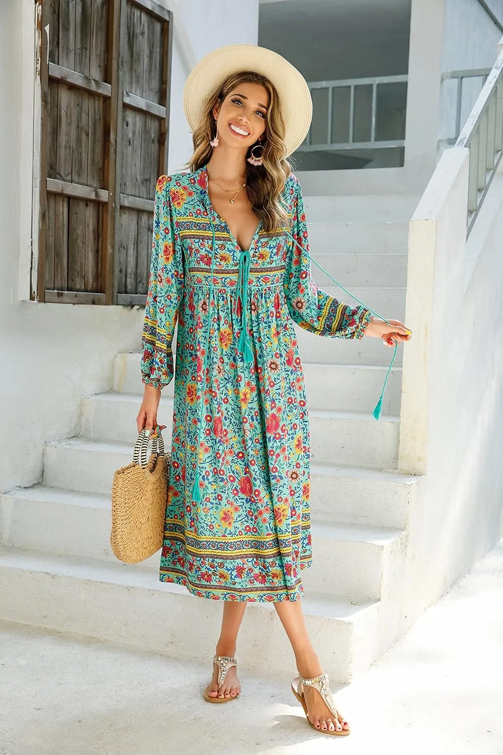 R.Vivimos Women's Long Sleeve Floral Print Retro V Neck Tassel Bohemian Midi Dresses