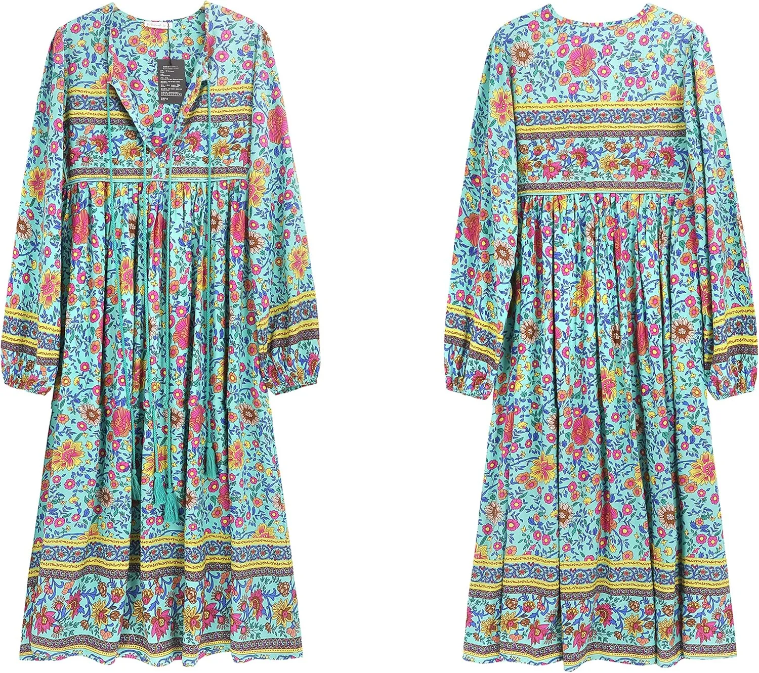 R.Vivimos Women's Long Sleeve Floral Print Retro V Neck Tassel Bohemian Midi Dresses