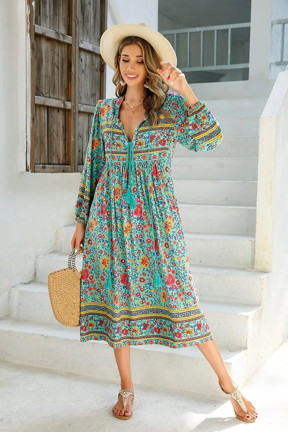 R.Vivimos Women's Long Sleeve Floral Print Retro V Neck Tassel Bohemian Midi Dresses