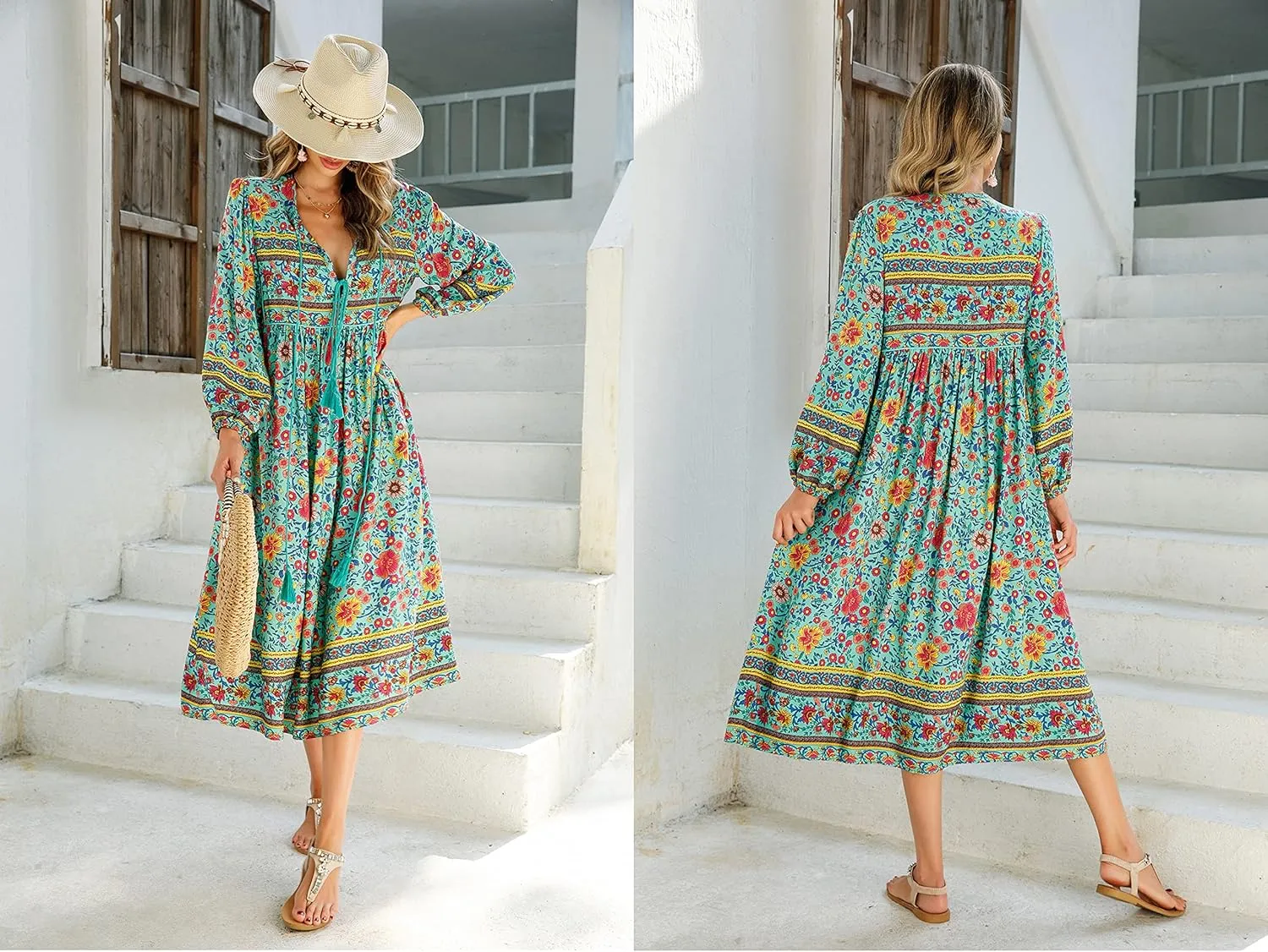 R.Vivimos Women's Long Sleeve Floral Print Retro V Neck Tassel Bohemian Midi Dresses