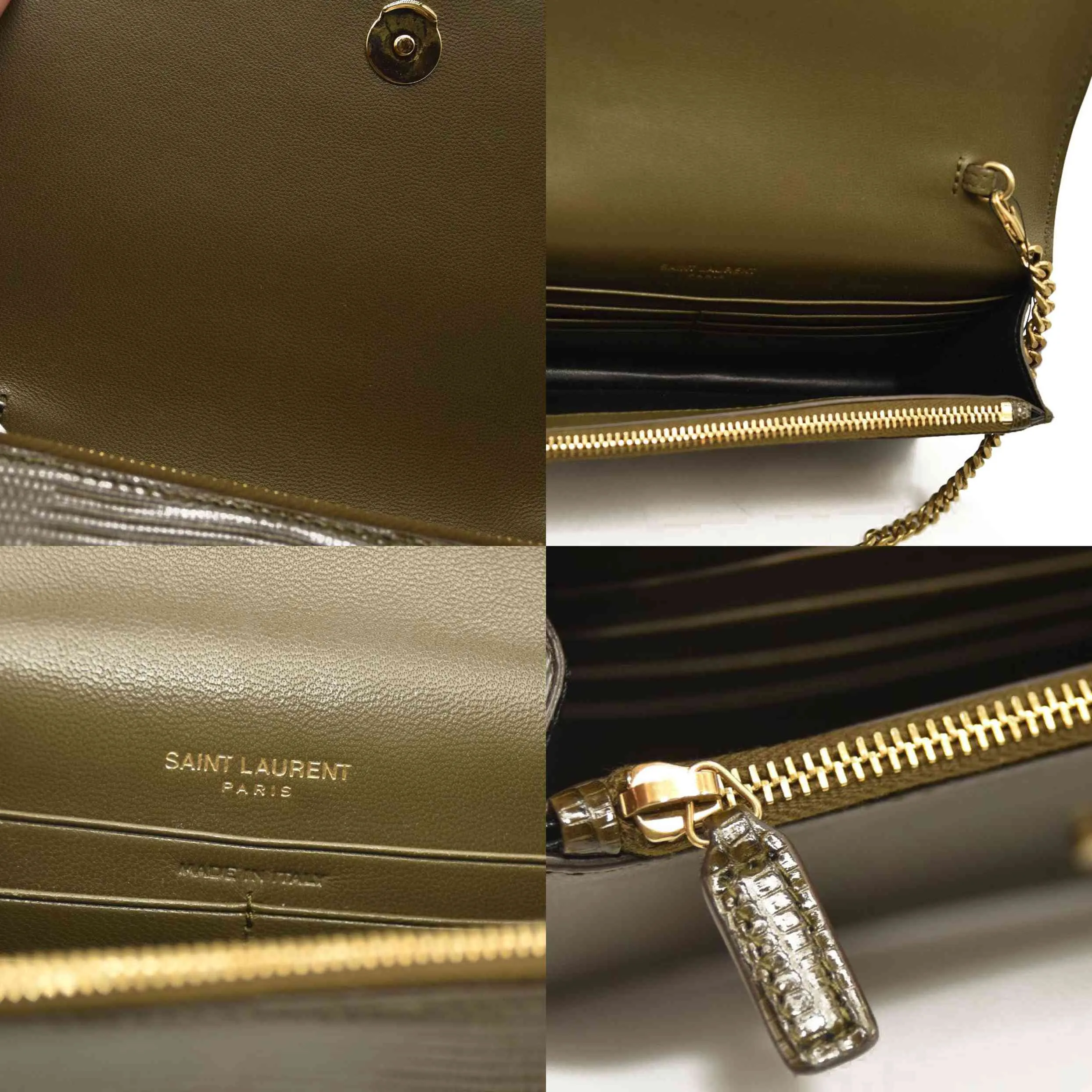 SAINT LAURENT  Calfskin Crocodile Embossed Medium Classic Monogram Kate Tassel Satchel Green