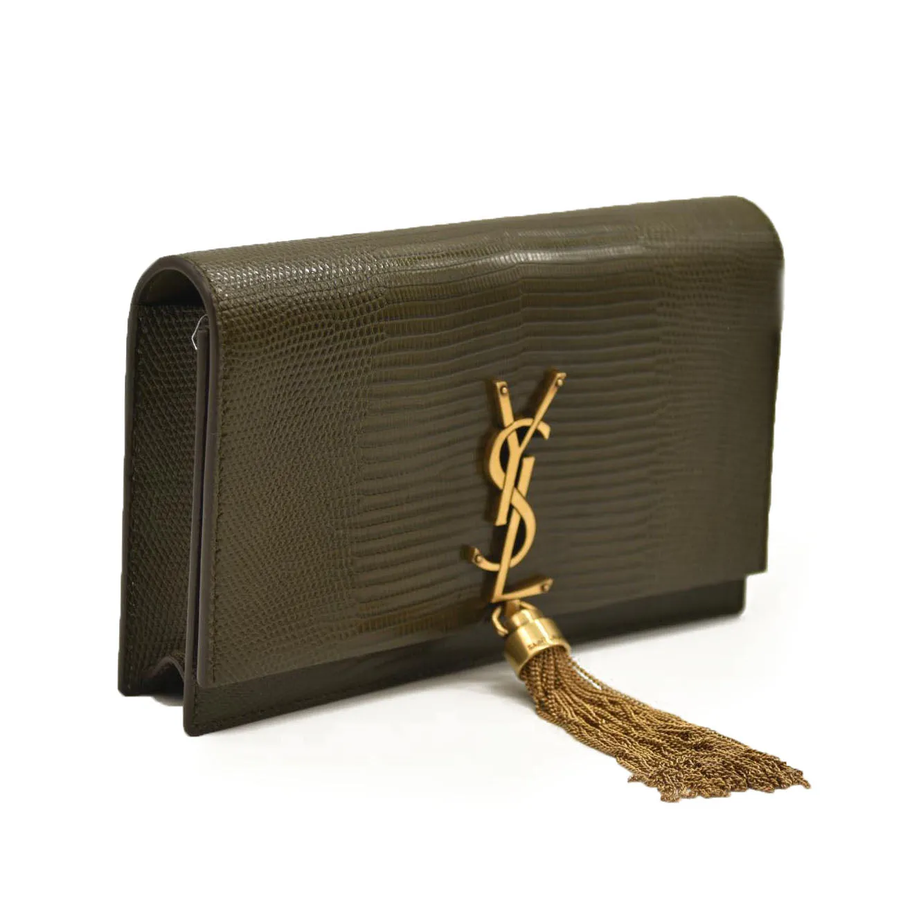 SAINT LAURENT  Calfskin Crocodile Embossed Medium Classic Monogram Kate Tassel Satchel Green