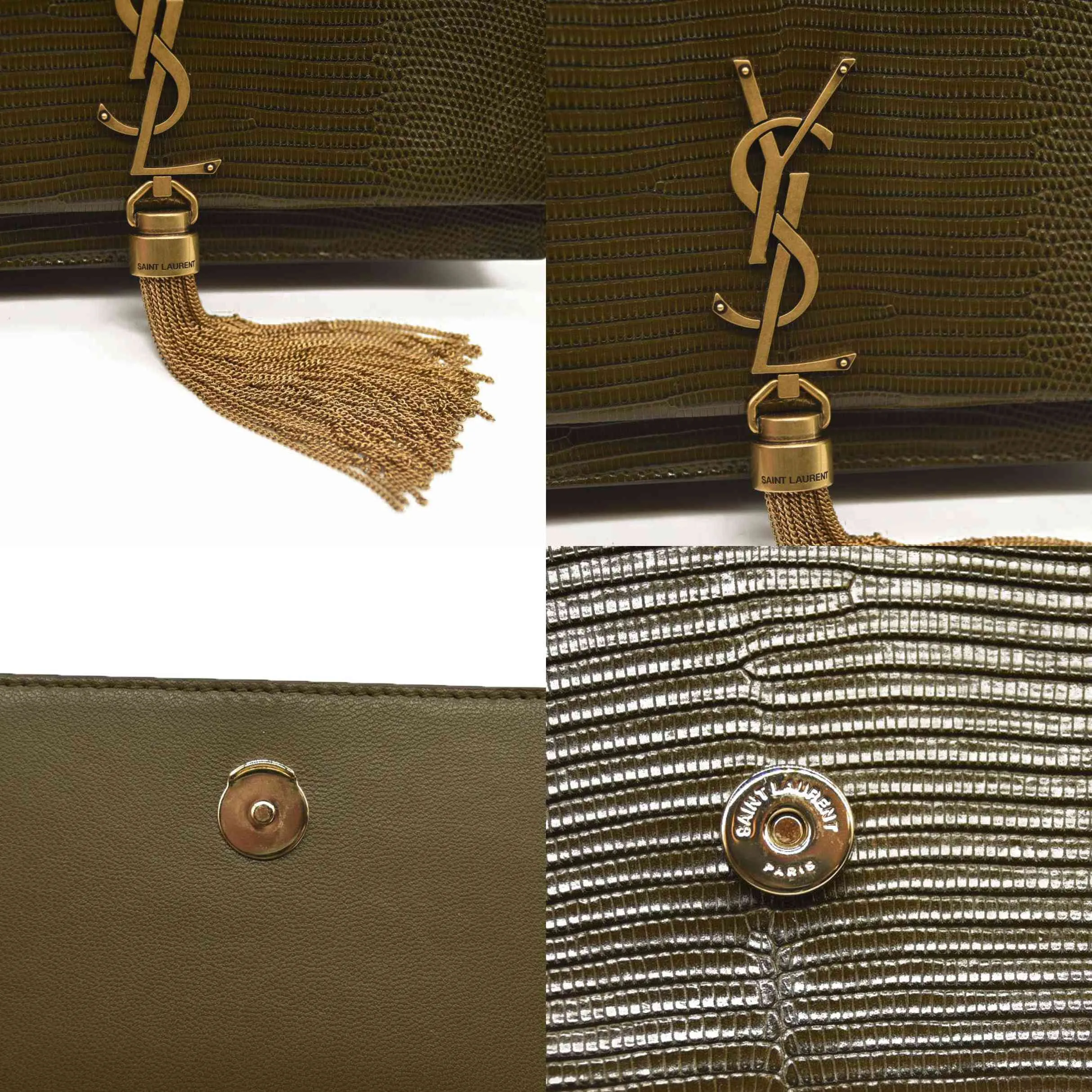 SAINT LAURENT  Calfskin Crocodile Embossed Medium Classic Monogram Kate Tassel Satchel Green