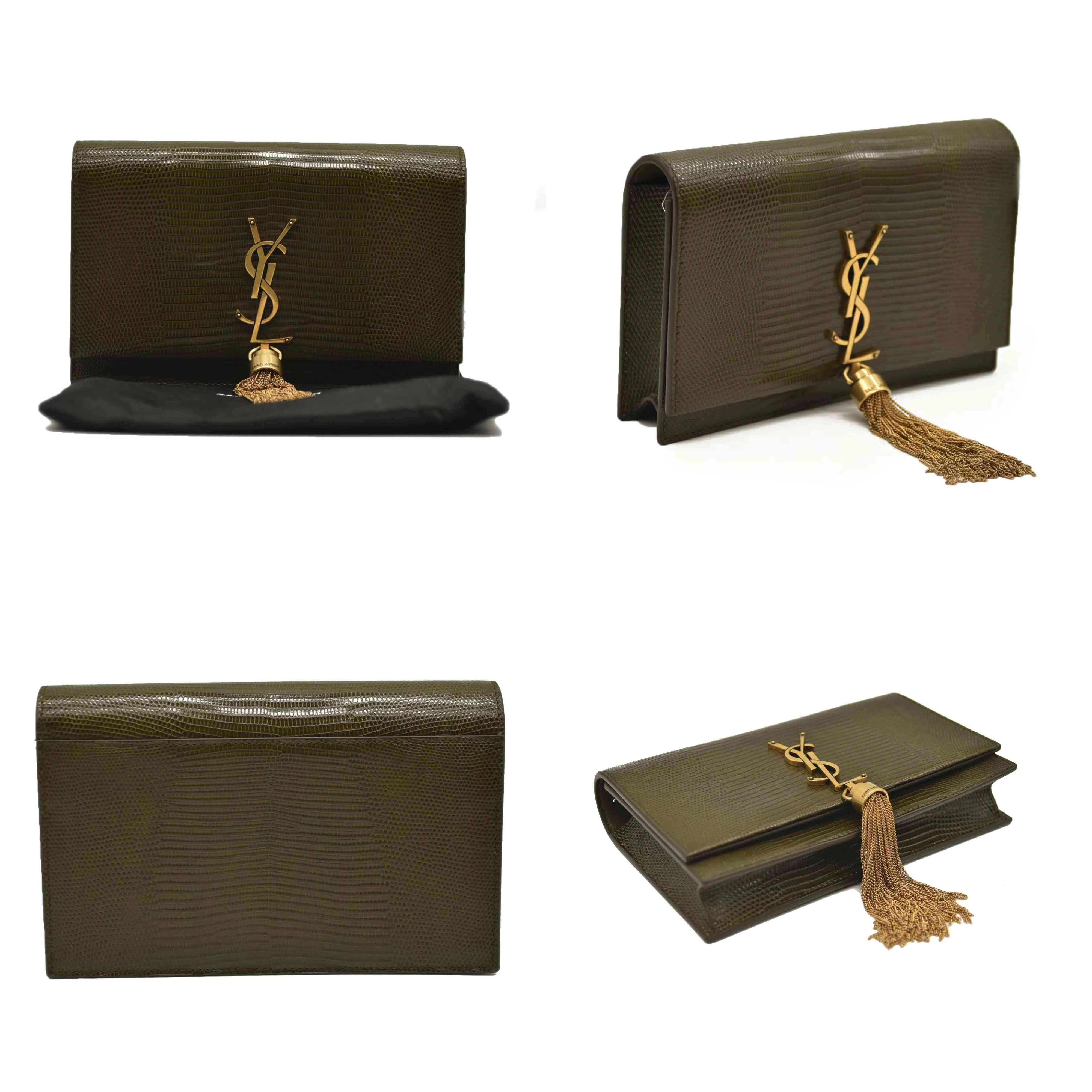 SAINT LAURENT  Calfskin Crocodile Embossed Medium Classic Monogram Kate Tassel Satchel Green