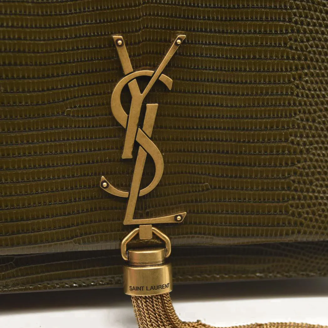 SAINT LAURENT  Calfskin Crocodile Embossed Medium Classic Monogram Kate Tassel Satchel Green