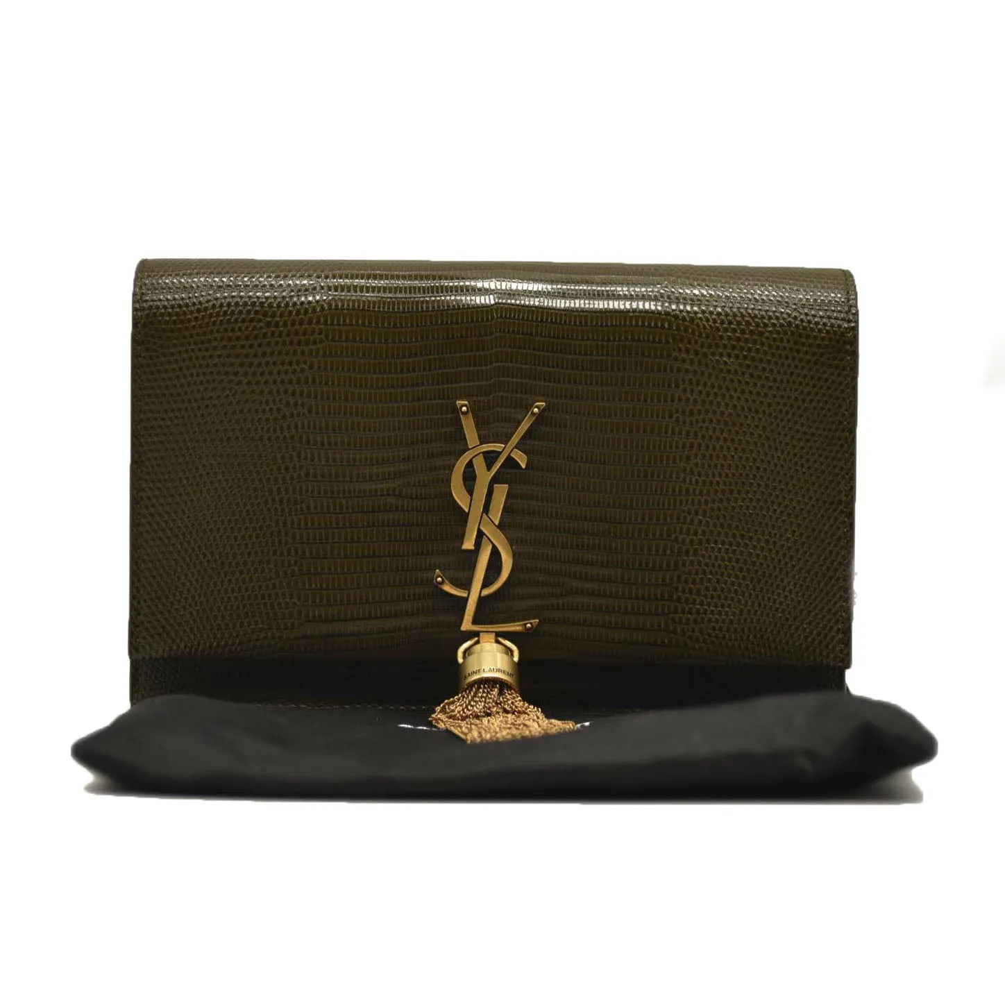 SAINT LAURENT  Calfskin Crocodile Embossed Medium Classic Monogram Kate Tassel Satchel Green