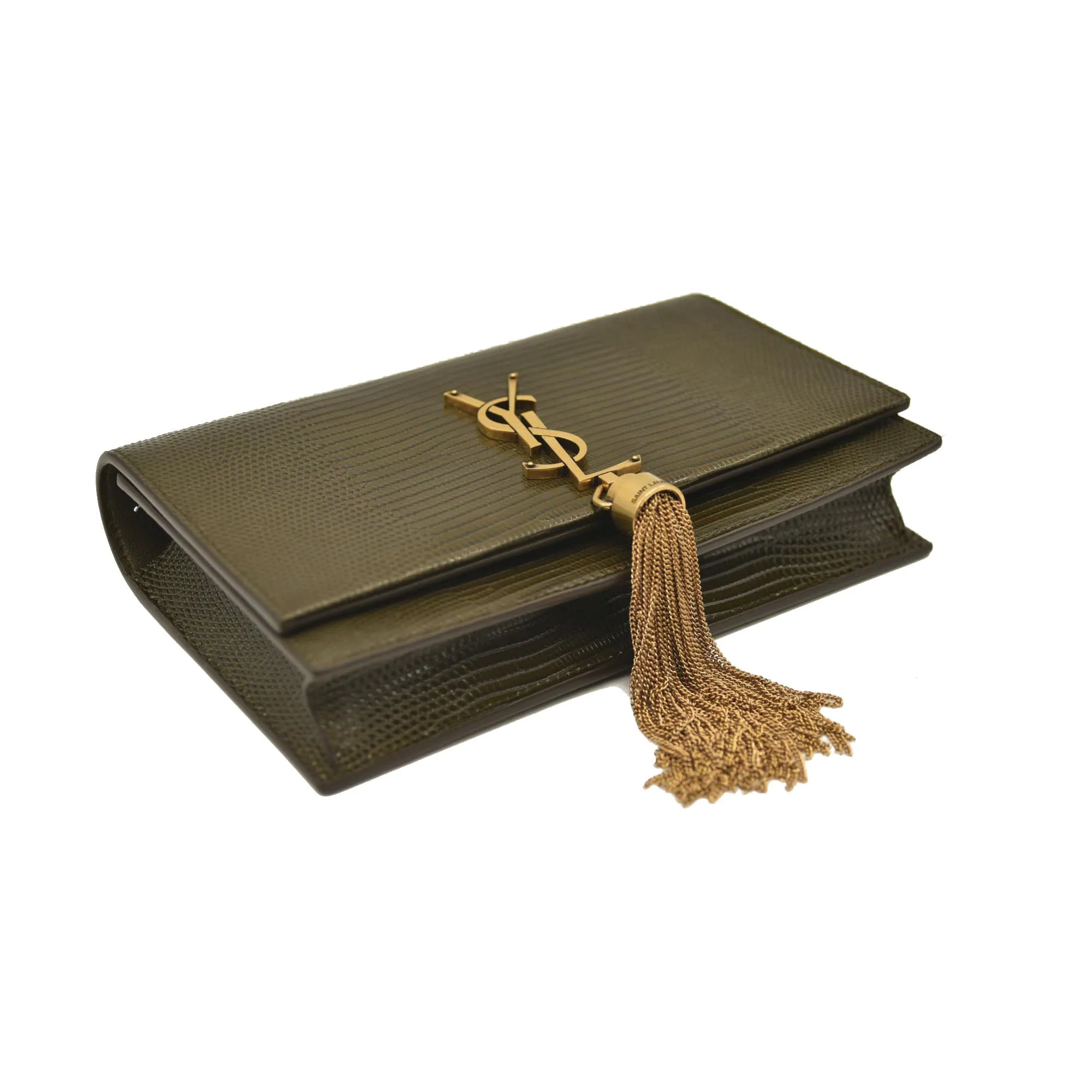 SAINT LAURENT  Calfskin Crocodile Embossed Medium Classic Monogram Kate Tassel Satchel Green