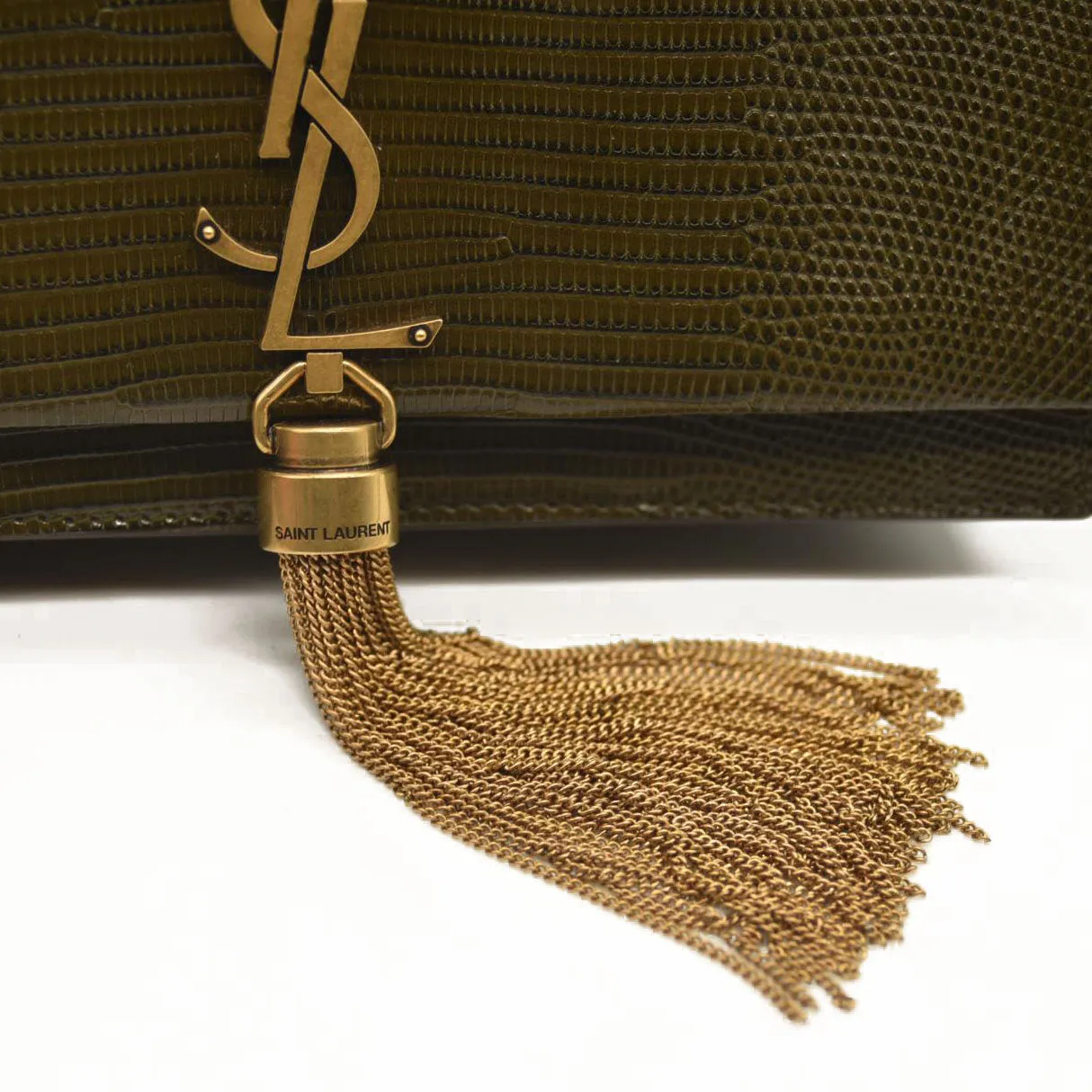 SAINT LAURENT  Calfskin Crocodile Embossed Medium Classic Monogram Kate Tassel Satchel Green