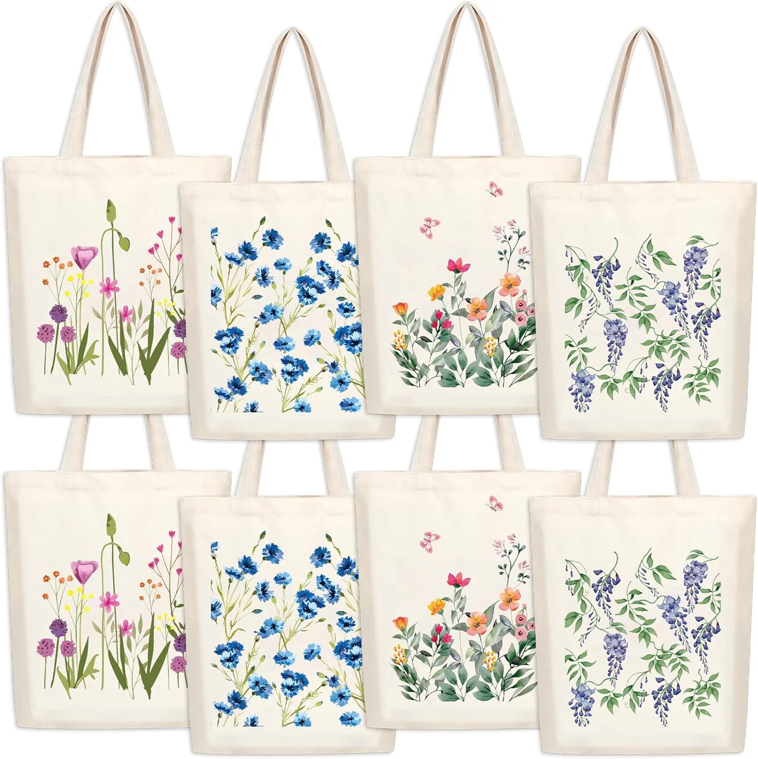 SAIWEILAI ONLINE 8 Pieces Wildflowers Tote Bags Bulk Aesthetic Floral Canvas Tote Bags Reusable Book Lover Bags Shopping Bag with Shoulder for Women Teacher Gifts,4 Styles