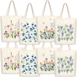 SAIWEILAI ONLINE 8 Pieces Wildflowers Tote Bags Bulk Aesthetic Floral Canvas Tote Bags Reusable Book Lover Bags Shopping Bag with Shoulder for Women Teacher Gifts,4 Styles
