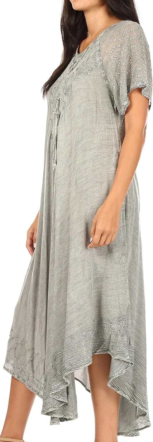 Sakkas Egan Long Embroidered Caftan Dress/Cover Up with Embroidered Cap Sleeves