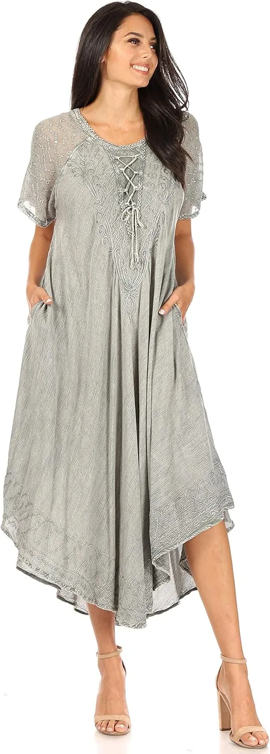 Sakkas Egan Long Embroidered Caftan Dress/Cover Up with Embroidered Cap Sleeves